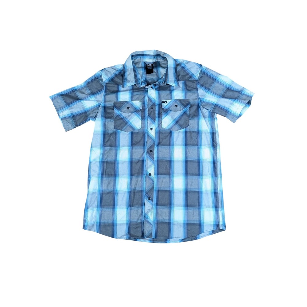 The North Face Mens Medium Beige Blue Gray‎ Plaid Short Sleeve Button Up Pearl
